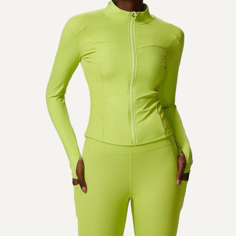 Stand-Collar Zip-Up Workout Jacket with Thumbholes - Lime