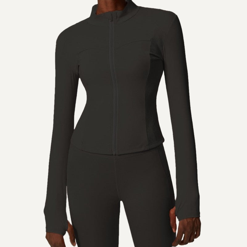 Stand-Collar Zip-Up Workout Jacket with Thumbholes - Black