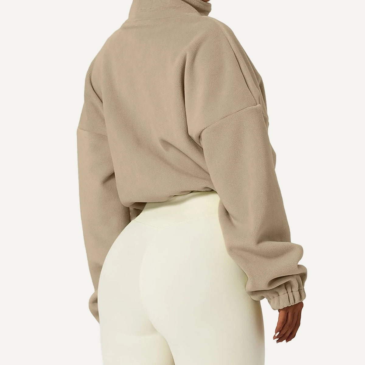 Cropped Full-Zip Fleece Jacket with Drawcord Hem - Taupe