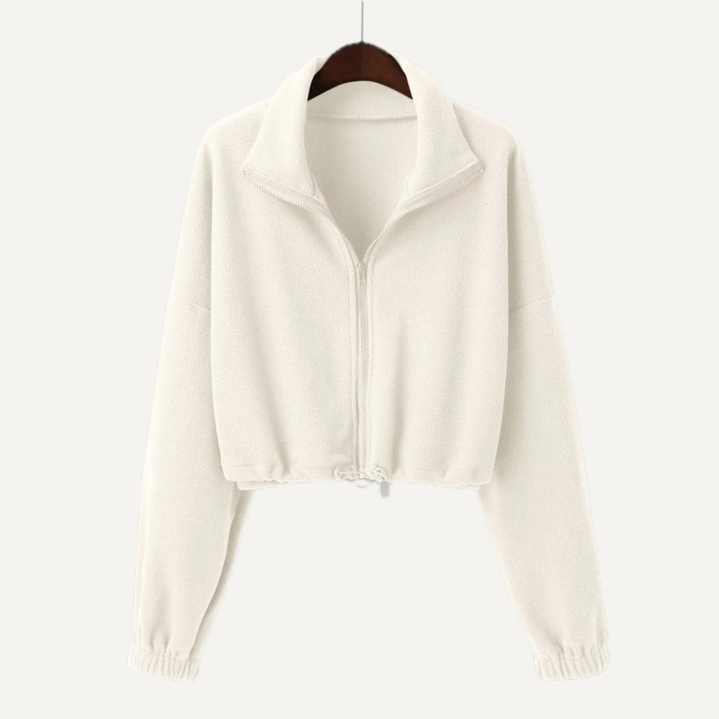 Cropped Full-Zip Fleece Jacket with Drawcord Hem - Ivory