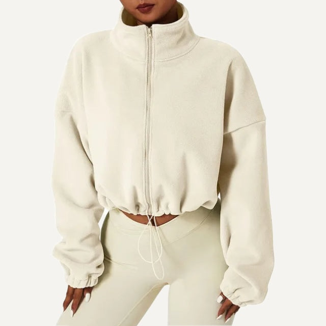Cropped Full-Zip Fleece Jacket with Drawcord Hem - Ivory