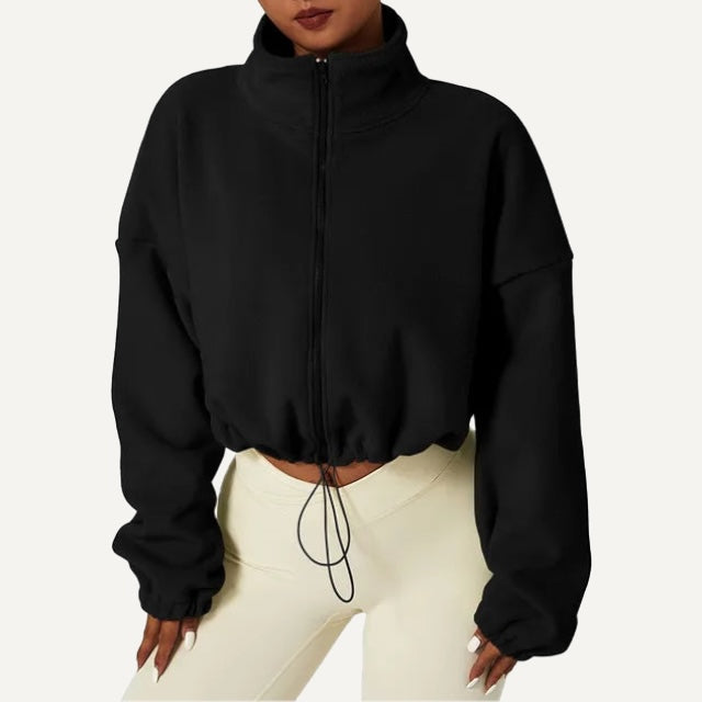 Cropped Full-Zip Fleece Jacket with Drawcord Hem - Black