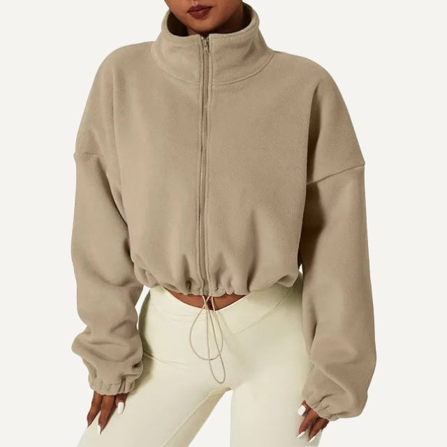 Cropped Full-Zip Fleece Jacket with Drawcord Hem - Taupe