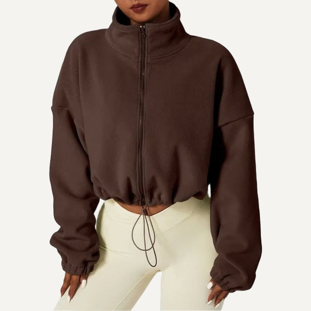 Cropped Full-Zip Fleece Jacket with Drawcord Hem - Brown