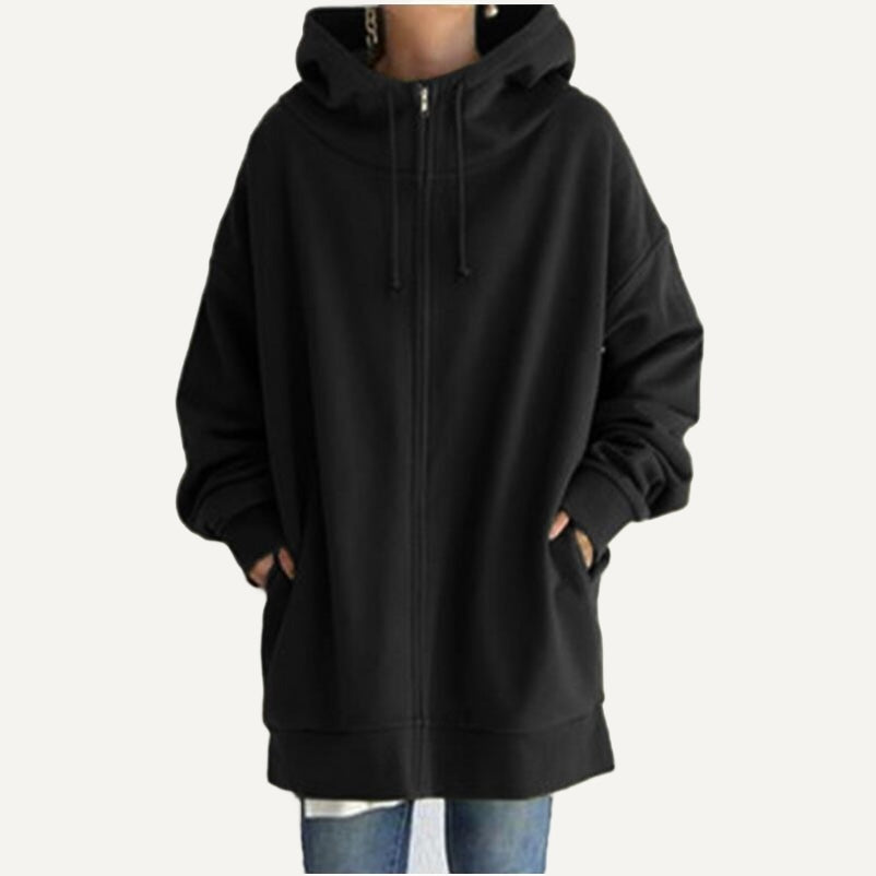 Longline Full-Zip Hoodie with Front Pockets - Black