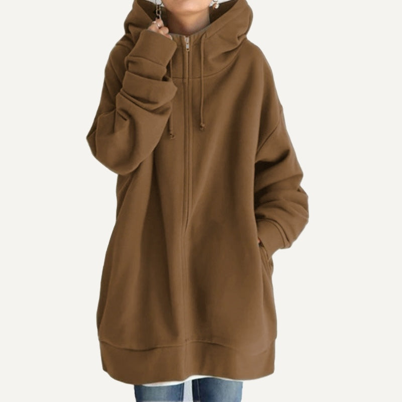 Longline Full-Zip Hoodie with Front Pockets - Brown