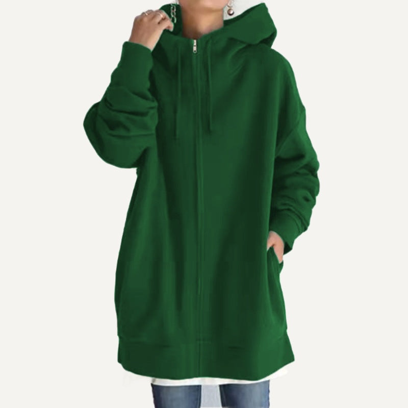 Longline Full-Zip Hoodie with Front Pockets - Forest Green