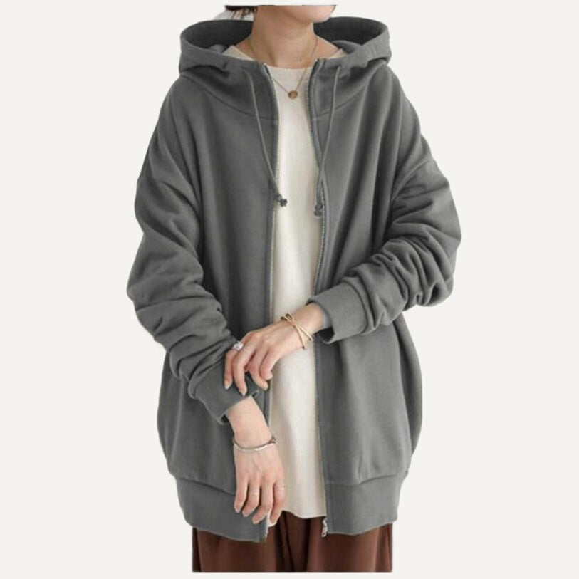 Longline Full-Zip Hoodie with Front Pockets - Gray
