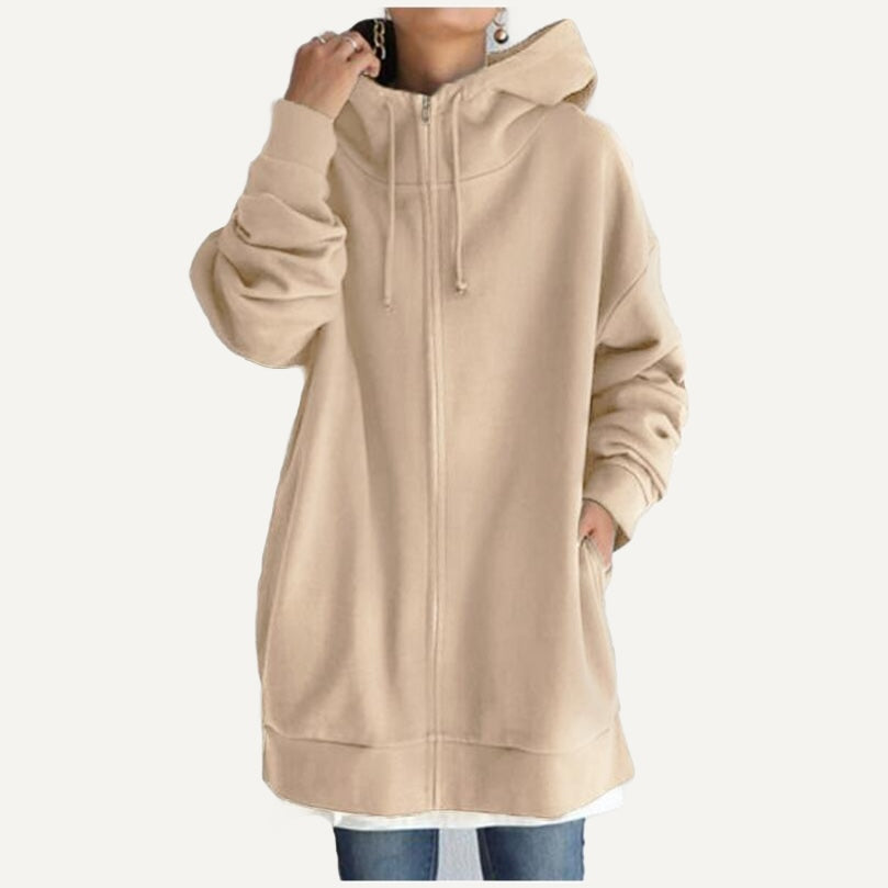 Longline Full-Zip Hoodie with Front Pockets - Beige