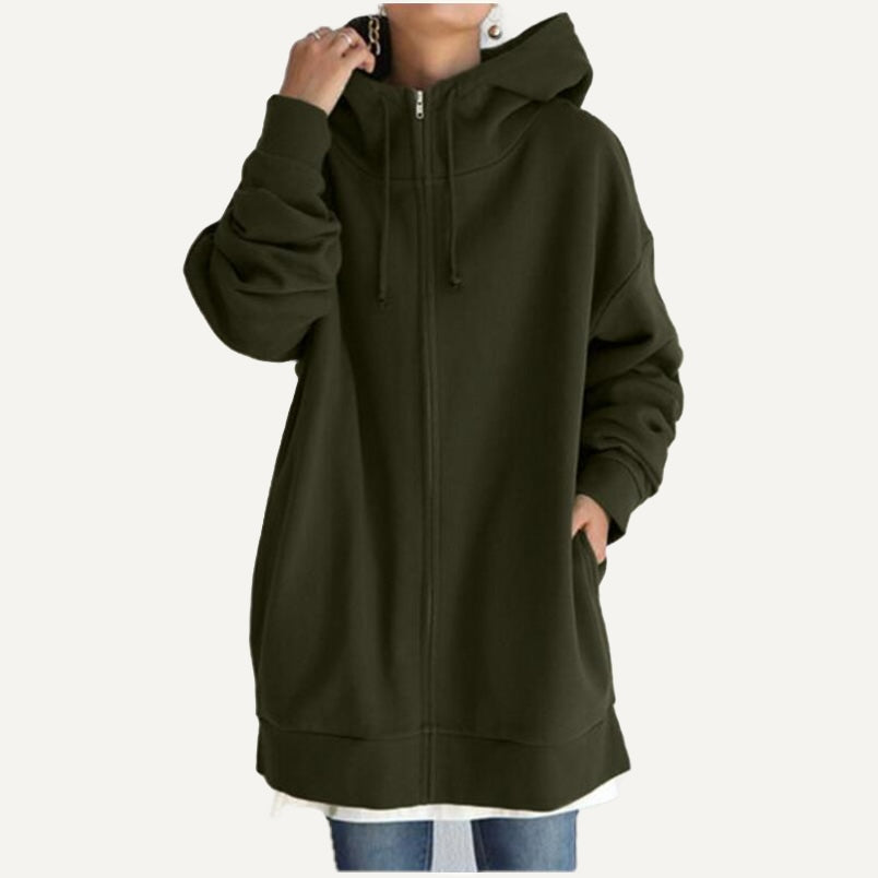 Longline Full-Zip Hoodie with Front Pockets - Olive