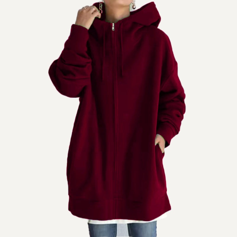 Longline Full-Zip Hoodie with Front Pockets - Burgundy