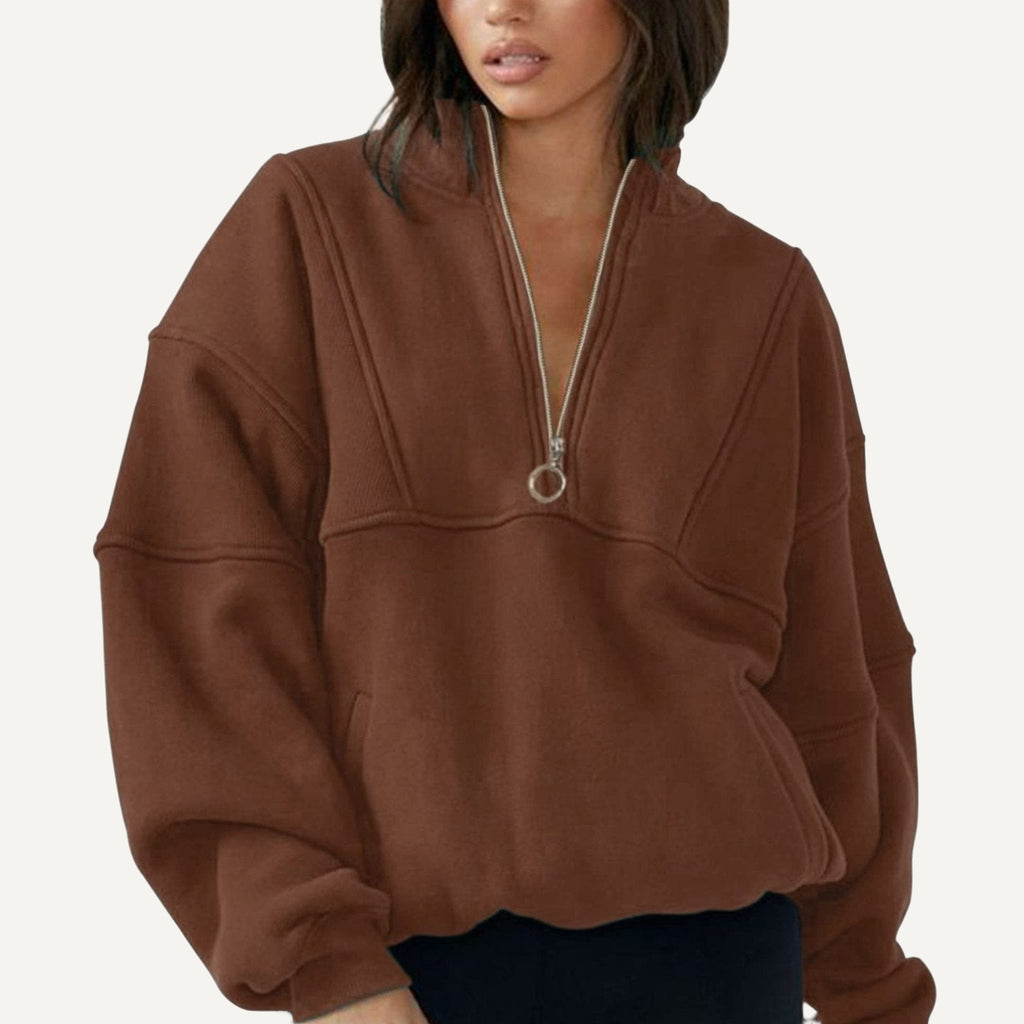 Half-Zip Sweatshirt with Ring Pull - Brown