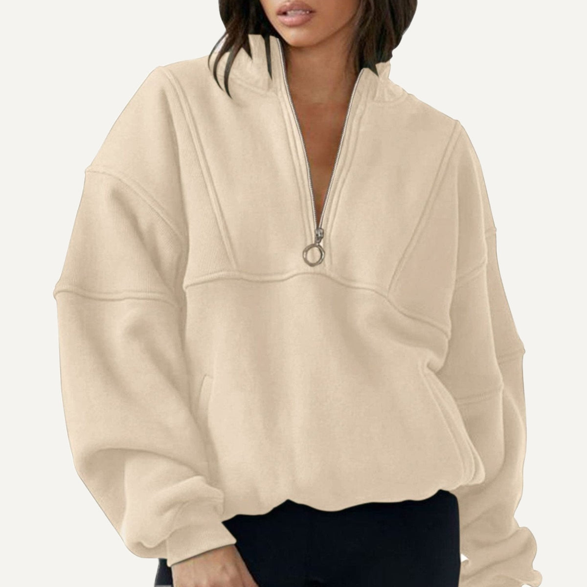 Half-Zip Sweatshirt with Ring Pull - Beige