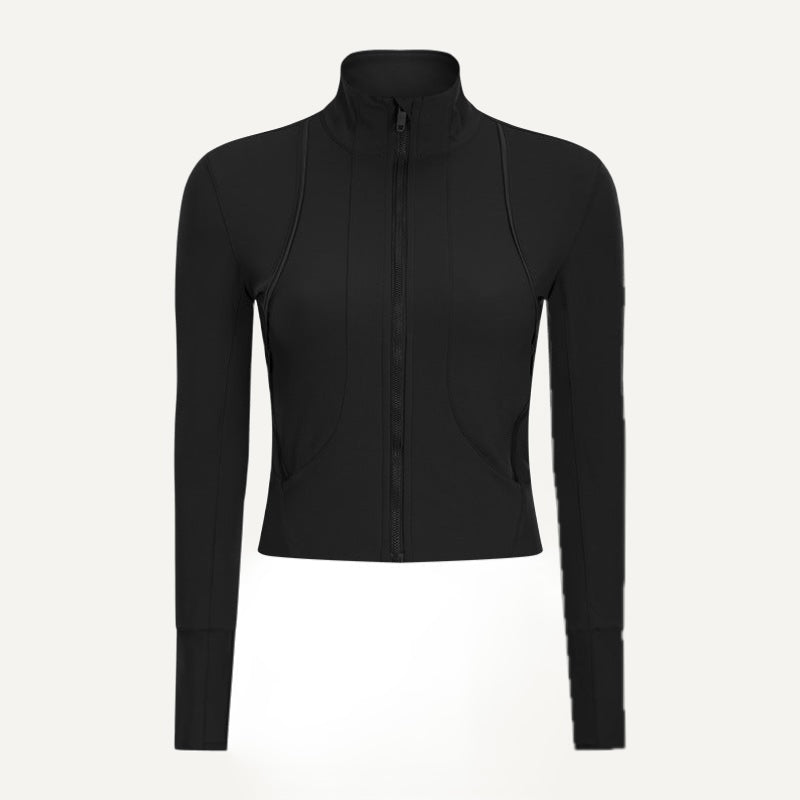 Fitted Full-Zip Stand-Collar Workout Jacket - Black