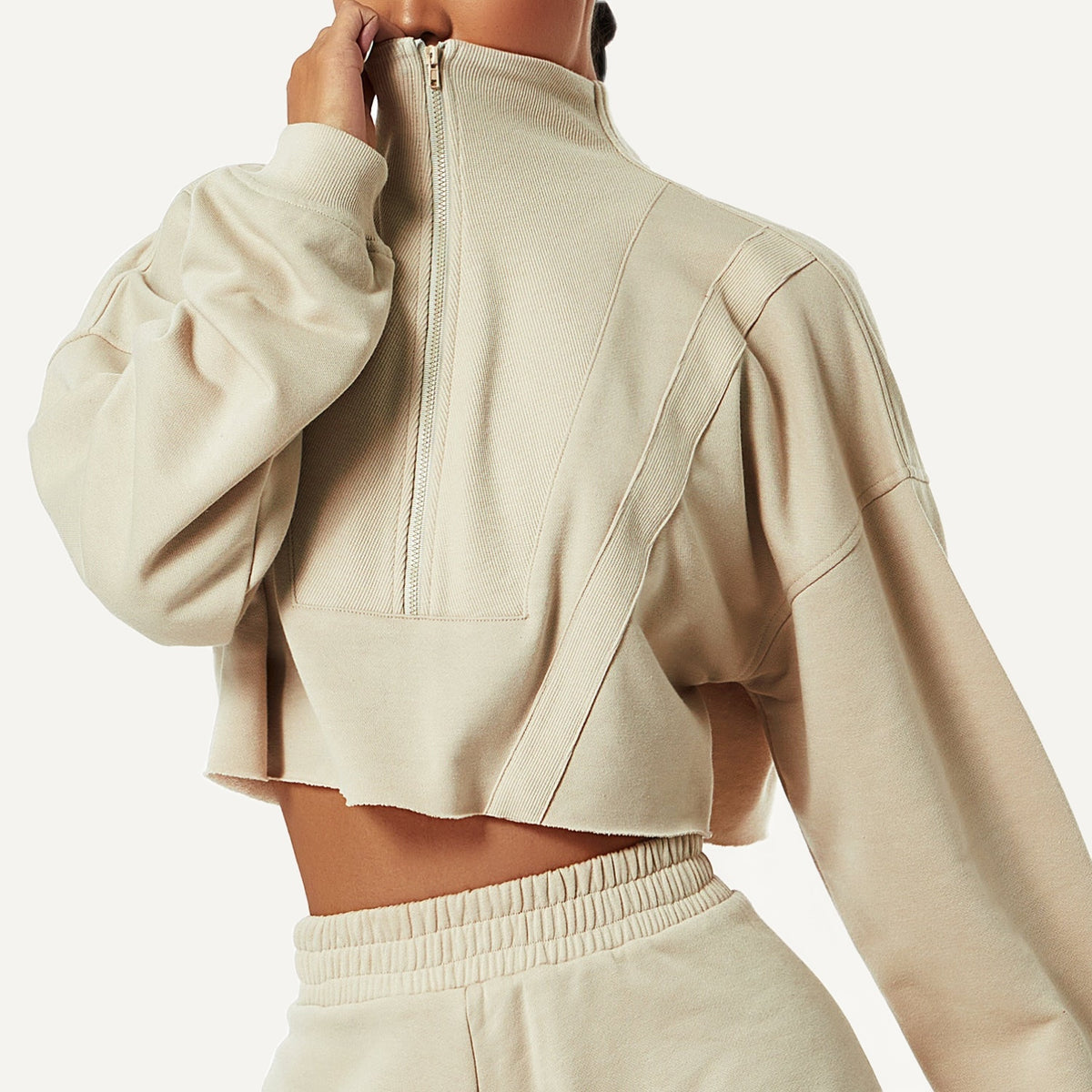 Cropped Half-Zip Sweatshirt with Stand Collar - Beige