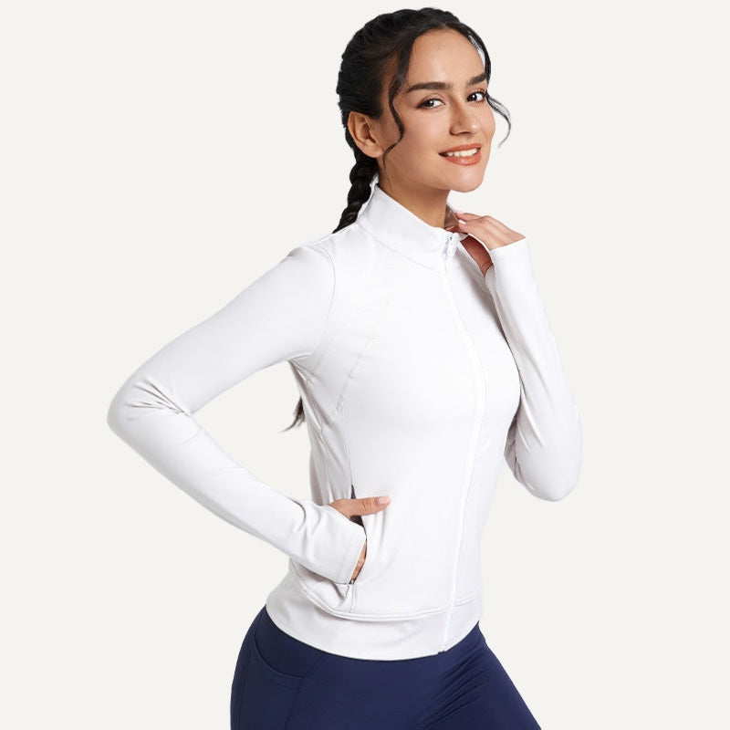 Stand-Collar Zip-Up Workout Jacket - White