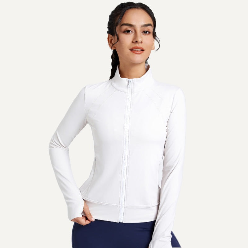 Stand-Collar Zip-Up Workout Jacket - White
