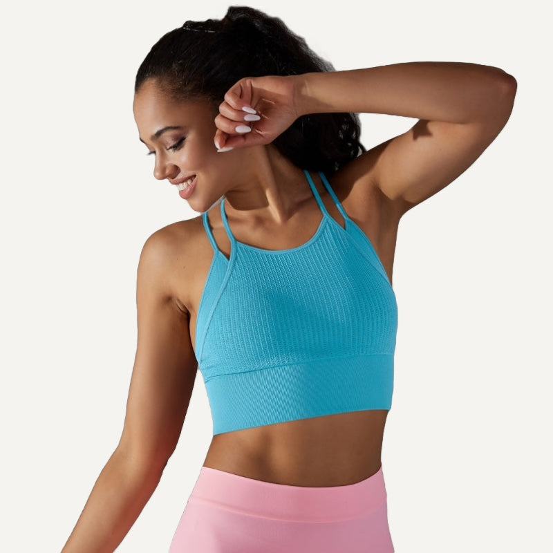 Ribbed Double-Strap Workout Crop Top - Turquoise