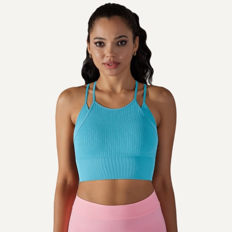 Ribbed Double-Strap Workout Crop Top - Turquoise