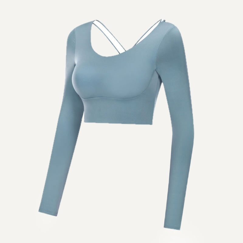Long Sleeve Crop Top with Cross-Strap Back - Dusty Blue