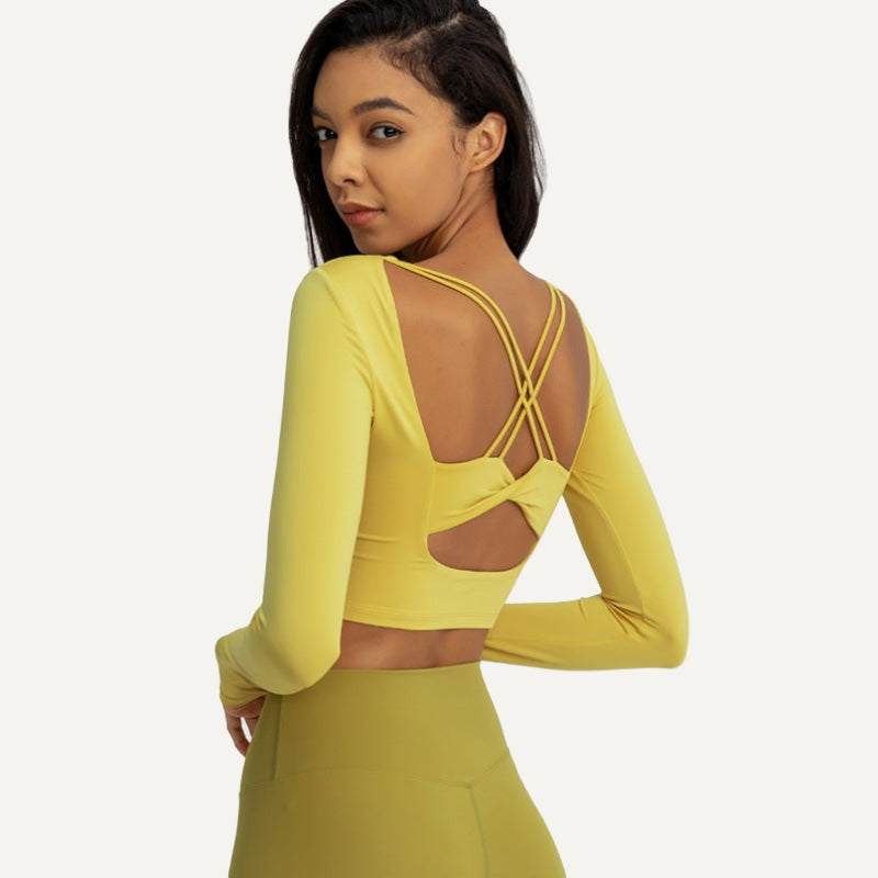 Long Sleeve Crop Top with Cross-Strap Back - Yellow