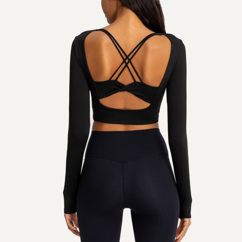 Long Sleeve Crop Top with Cross-Strap Back - Black