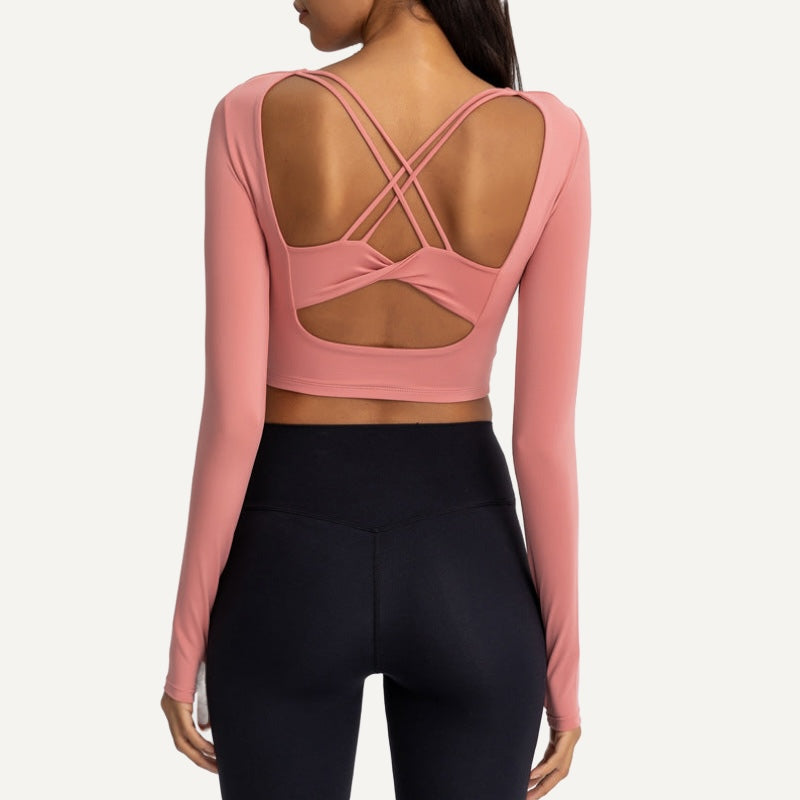 Long Sleeve Crop Top with Cross-Strap Back - Rose