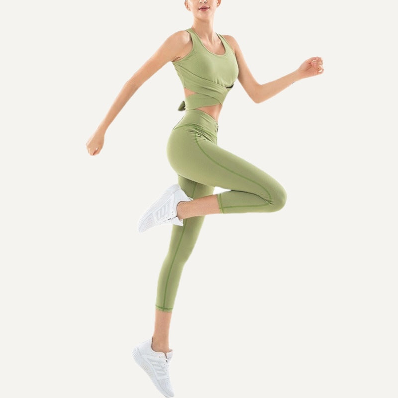 Tie-Back Crop Top and Cropped Leggings Set - Sage
