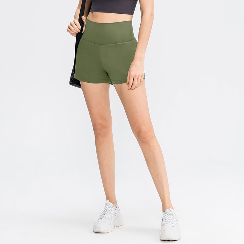 High-Waisted Running Shorts with Curved Hems - Olive