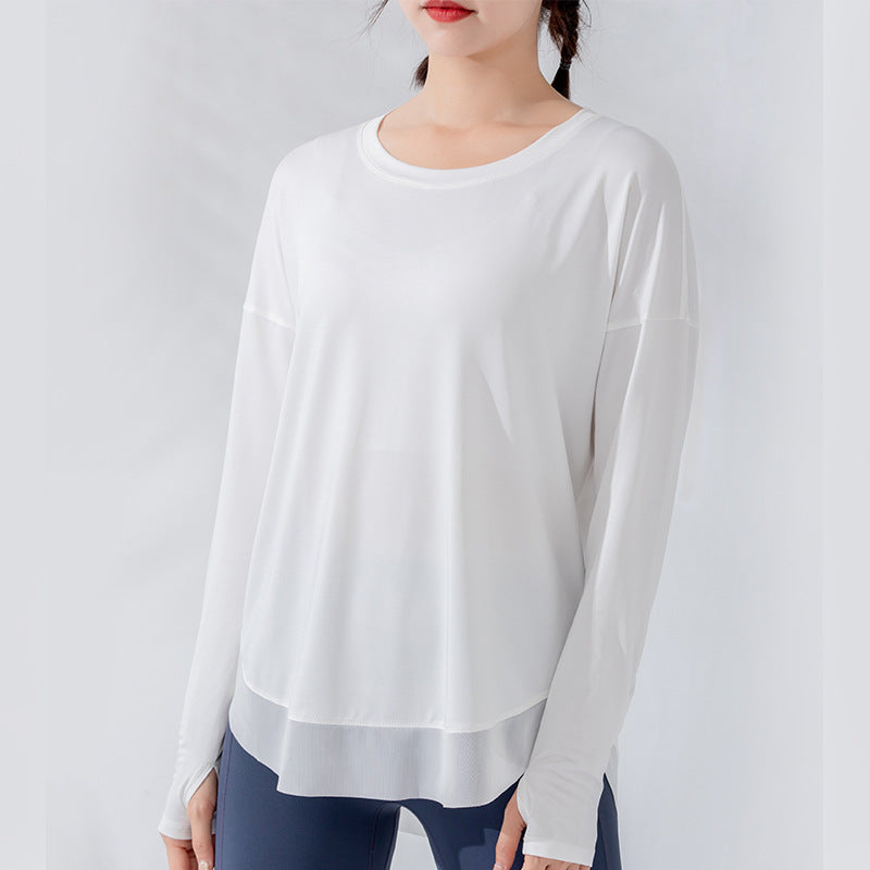 Loose Long Sleeve Top with Wide Hem - White