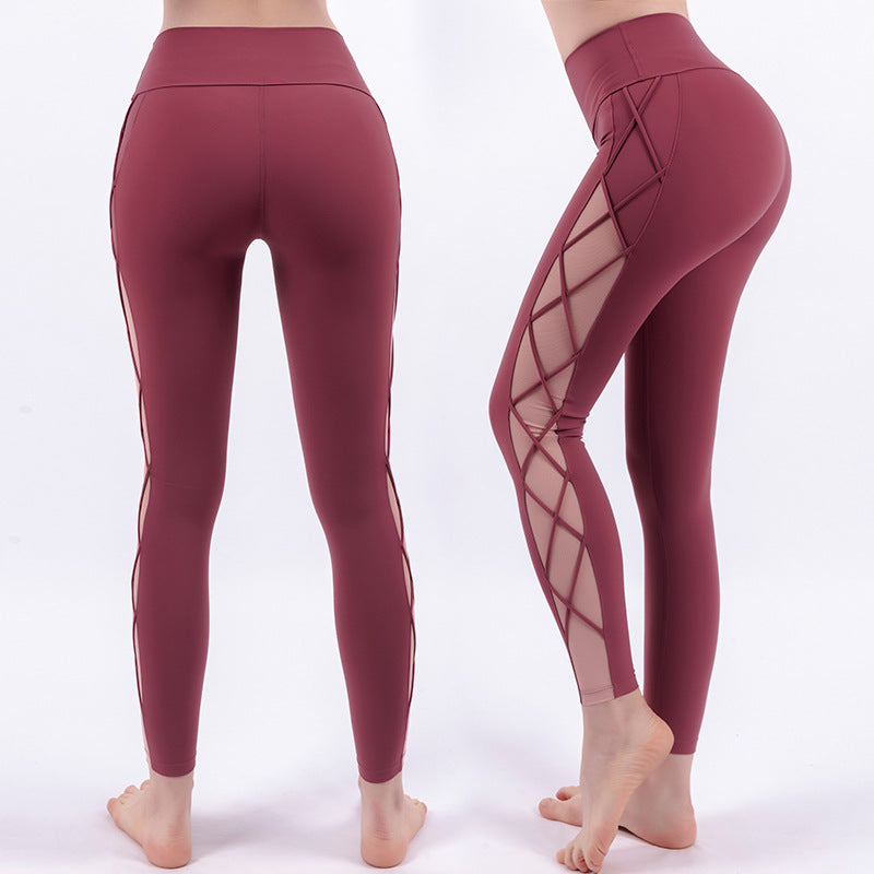 High-Waisted Leggings with Lattice Mesh Panels - Wine