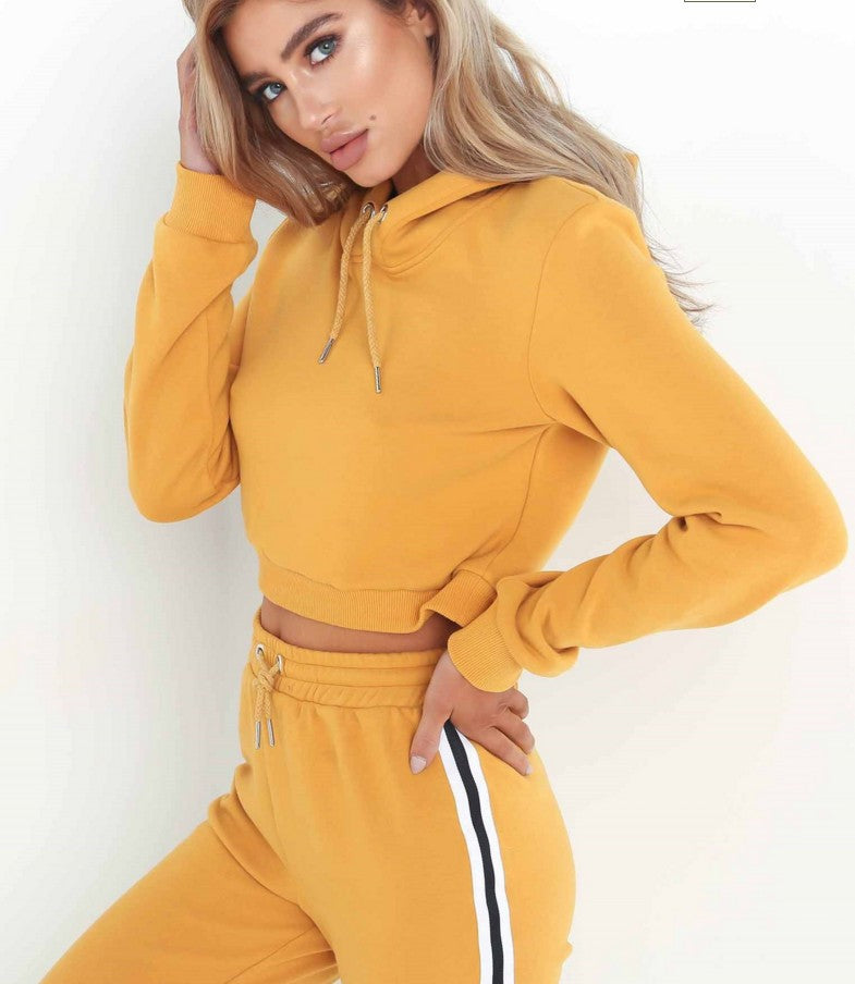Cropped Hoodie and Side-Stripe Joggers Set - Mustard
