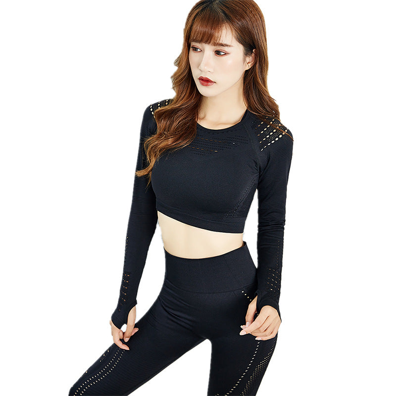 Long Sleeve Crop Top with Openwork Panels - Black