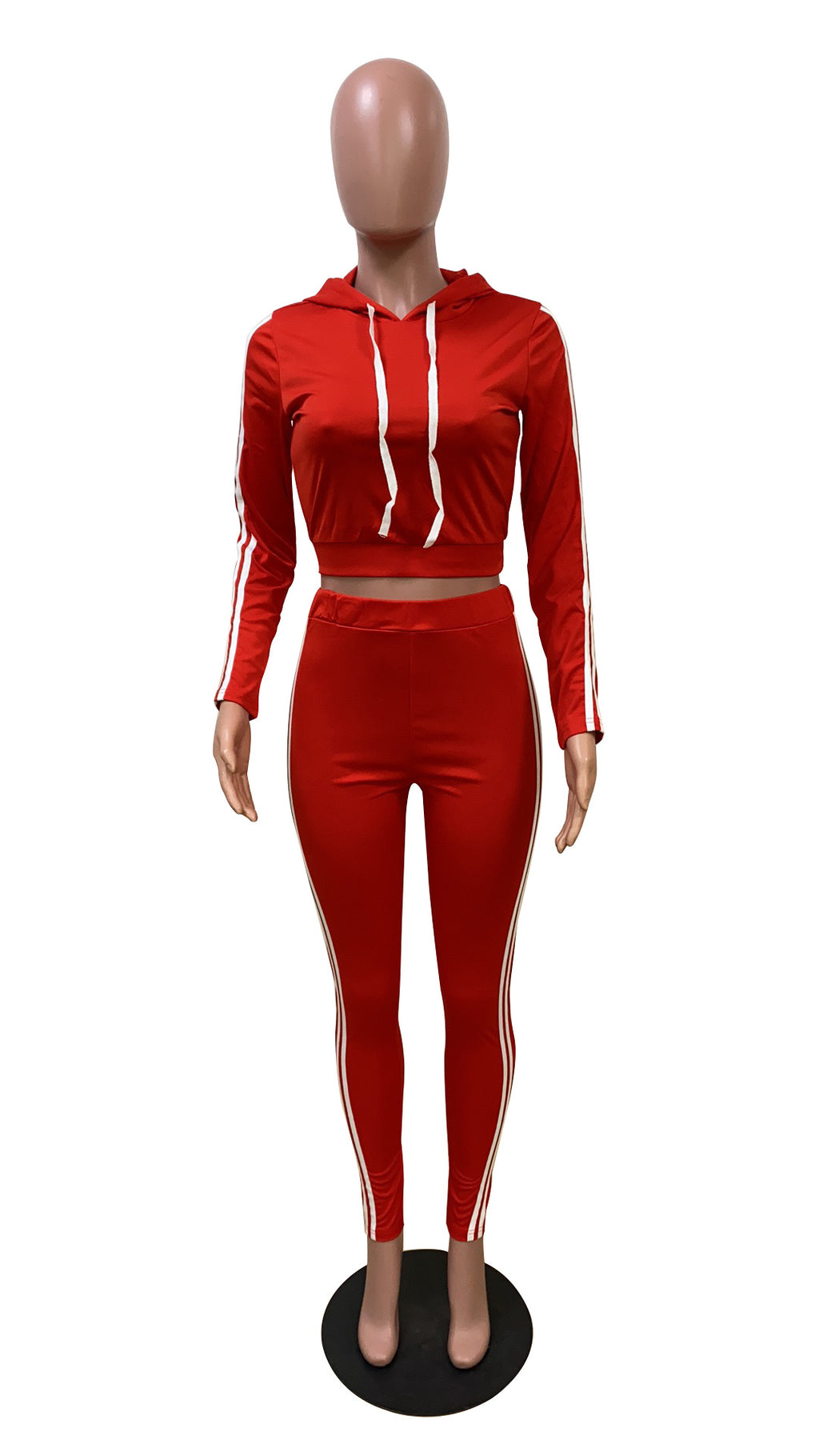 Cropped Zip-Up Hoodie and Striped Pants Set - Coral