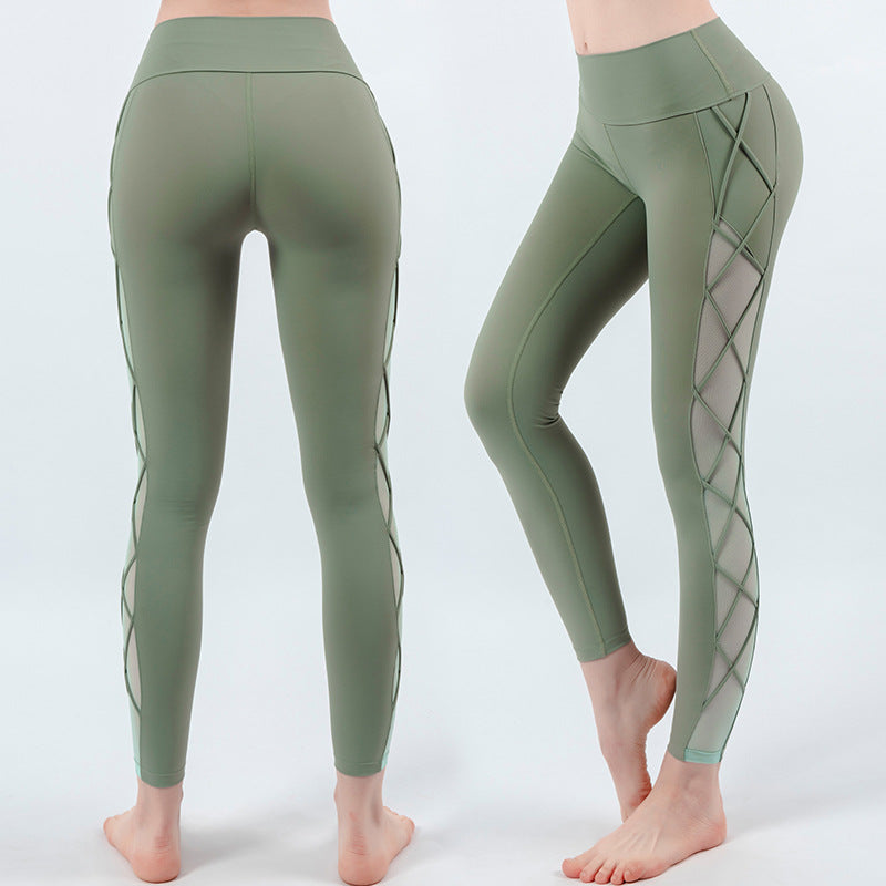 High-Waisted Leggings with Lattice Mesh Panels - Sage