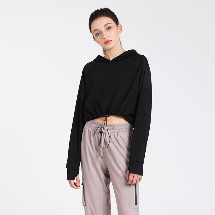 Cropped Hoodie with Drawcord Hem - Black
