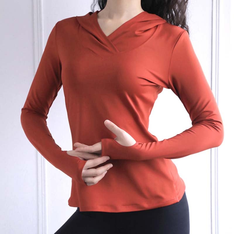 Fitted Long Sleeve Hoodie with Crossover Neckline - Rust