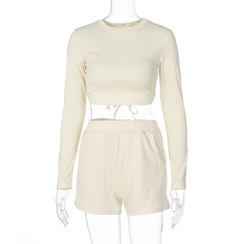 Open-Back Long Sleeve Top and Shorts Set - Cream