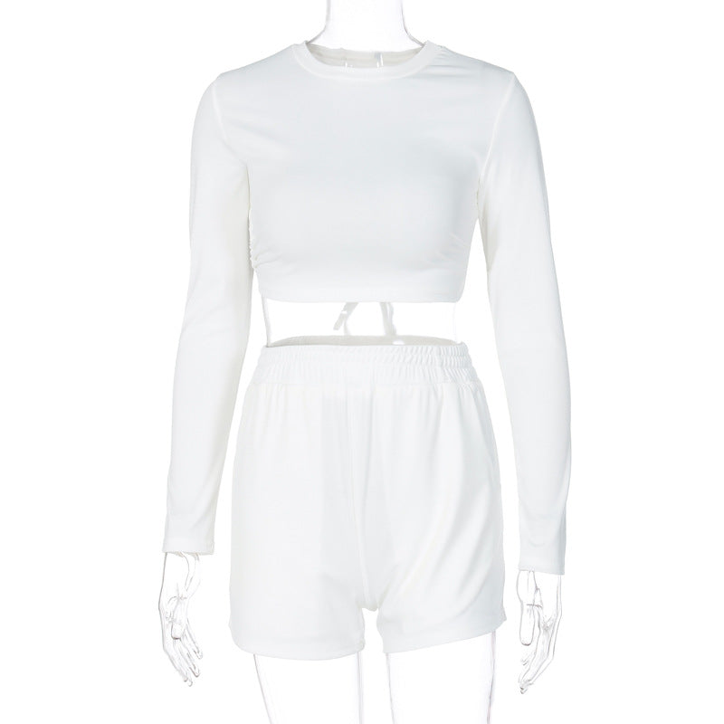 Open-Back Long Sleeve Top and Shorts Set - White