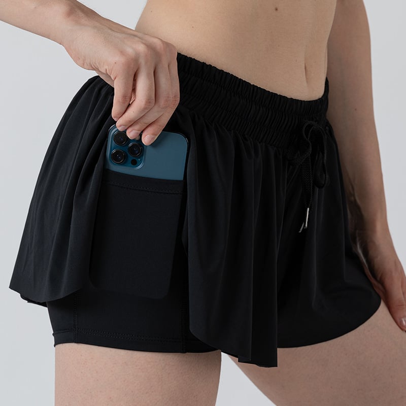 Drawstring Skort with Inner Shorts Pocket - Black