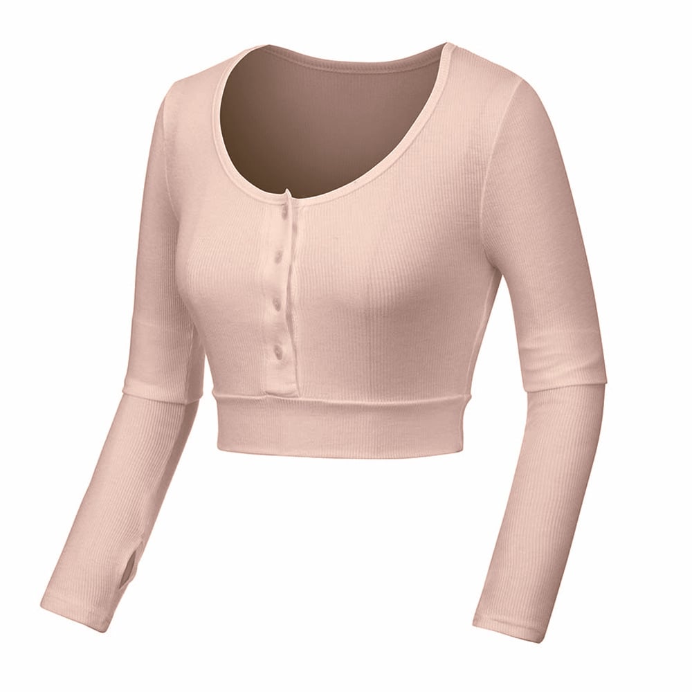 Button-Front Long Sleeve Crop Top - Dusty Rose