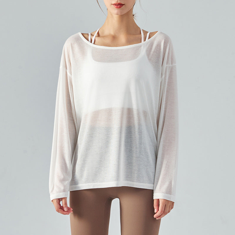 Sheer Long Sleeve Top with Wide Neckline - White