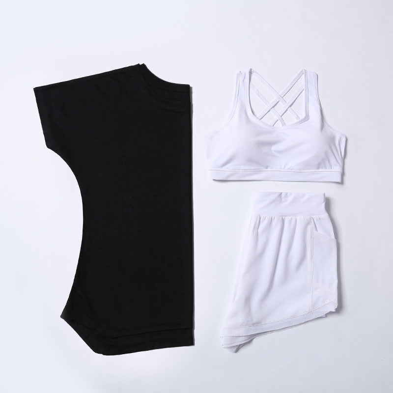 Three-Piece T-Shirt, Bra and Shorts Set - Black