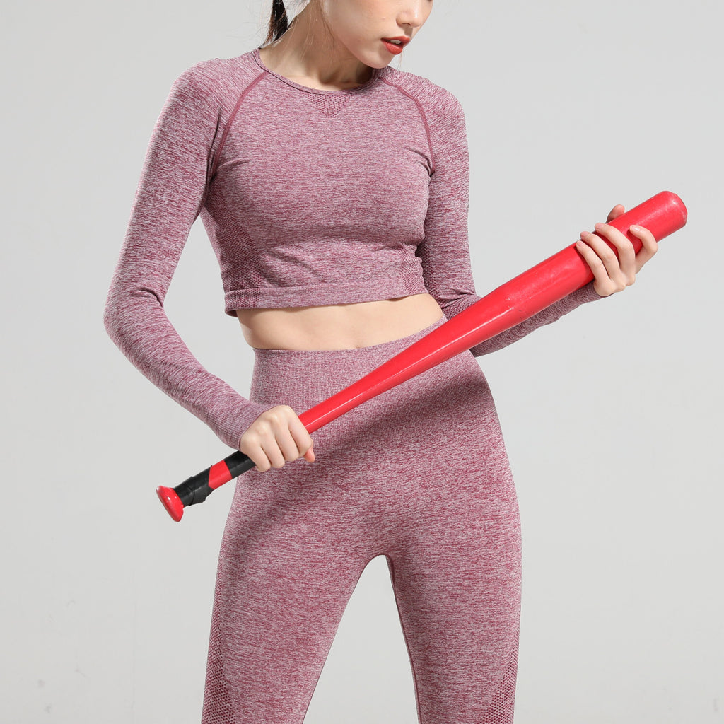 Heathered Long Sleeve Crop Top and Leggings Set