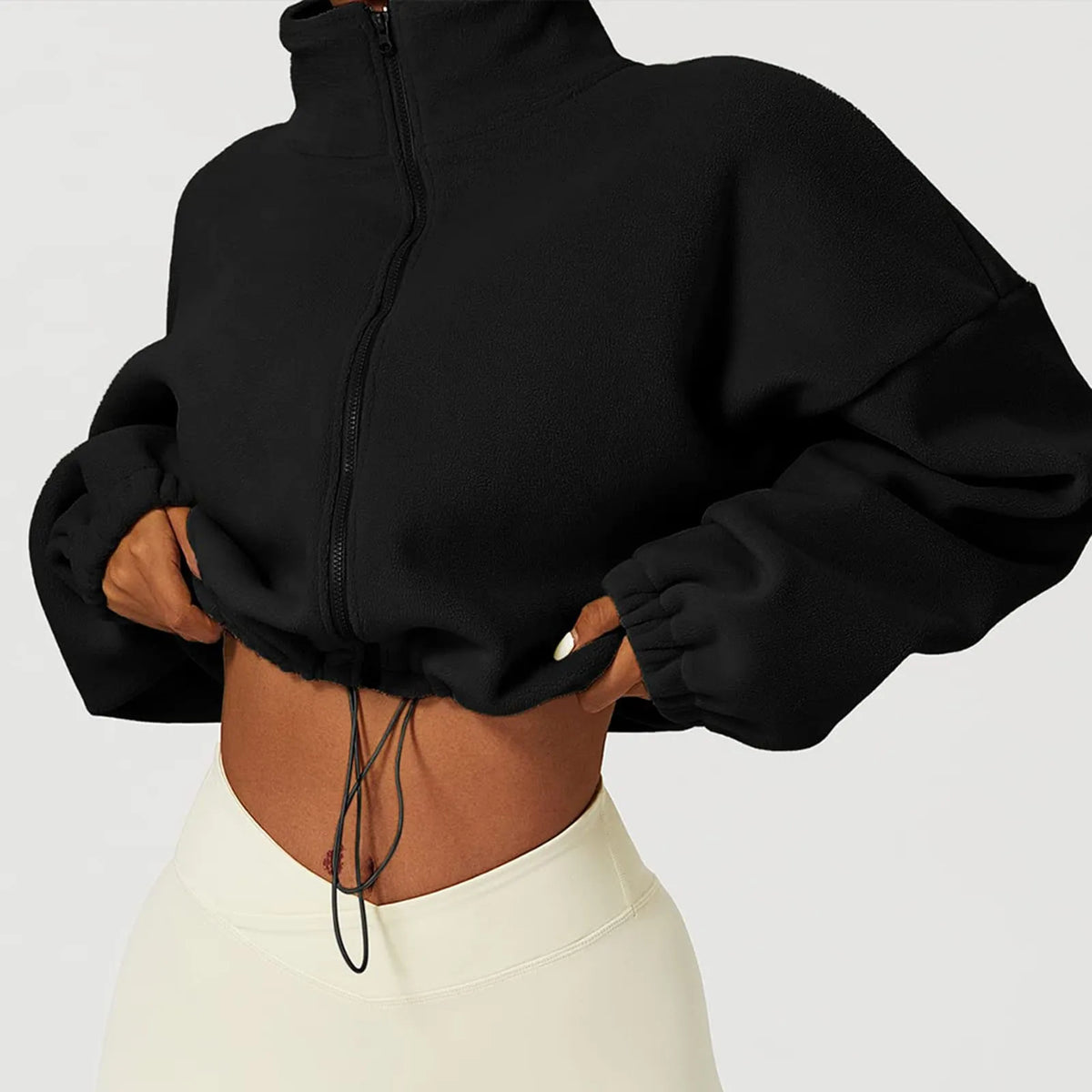 Cropped Full-Zip Fleece Jacket with Drawcord Hem