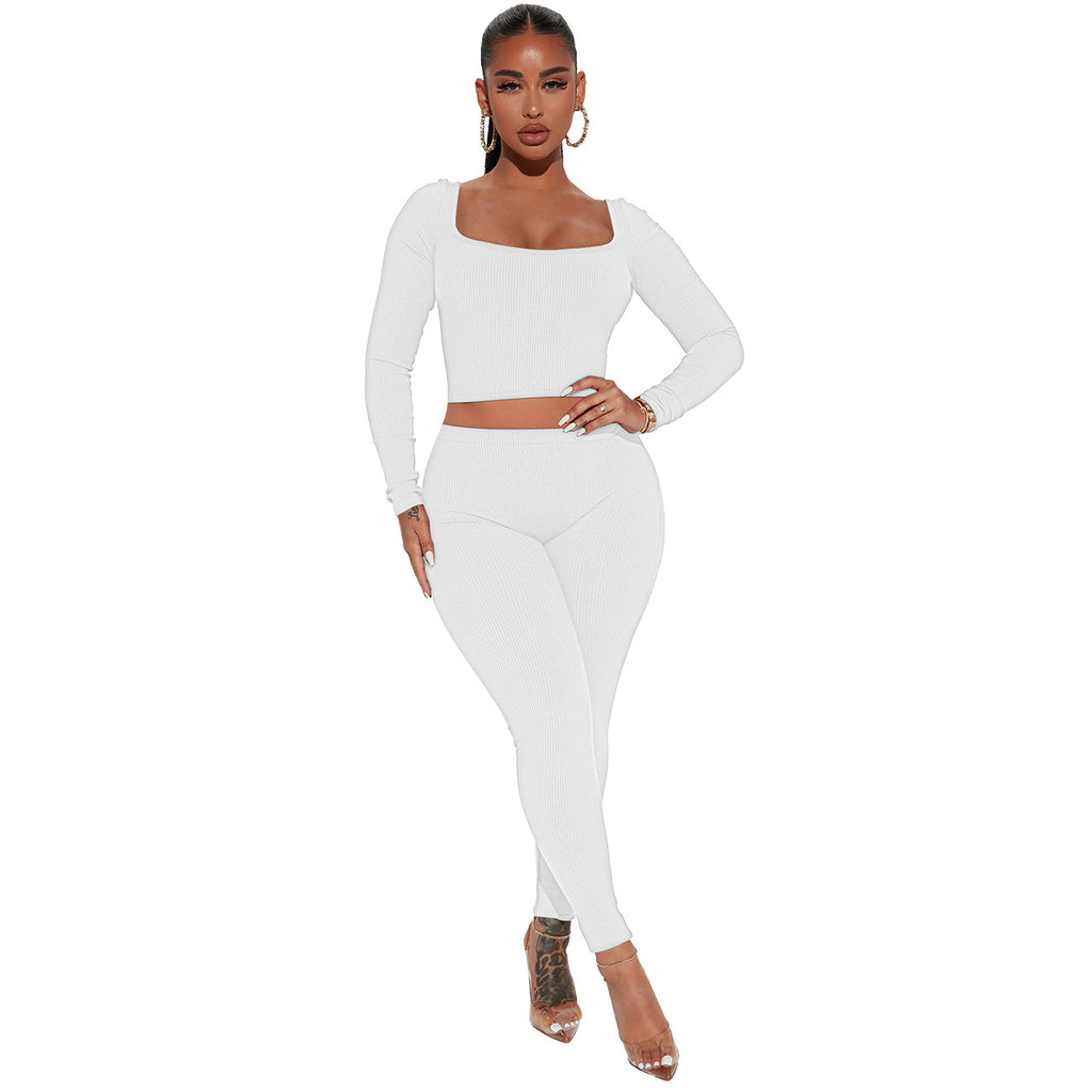Square-Neck Long Sleeve Crop Top and Leggings Set - White