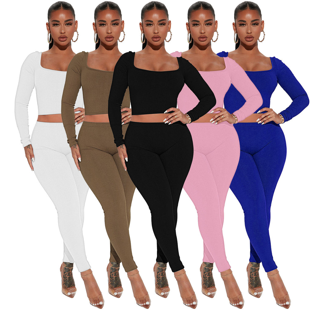 Square-Neck Long Sleeve Crop Top and Leggings Set
