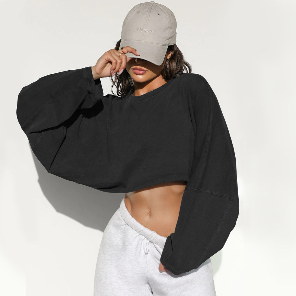 Loose Crewneck Crop Top with Wide Sleeves - Black