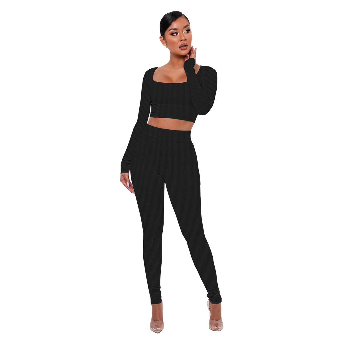 Square-Neck Long Sleeve Crop Top and Leggings Set - Black