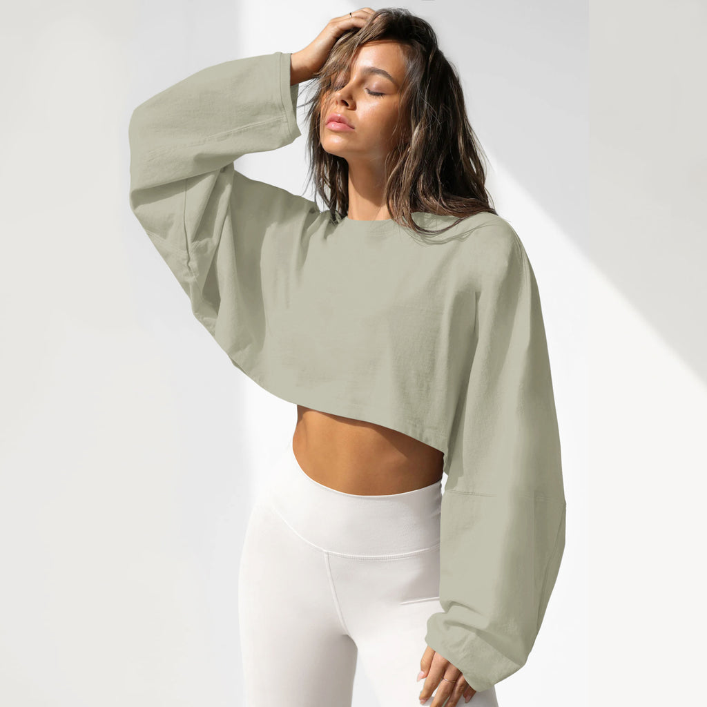 Loose Crewneck Crop Top with Wide Sleeves - Sage